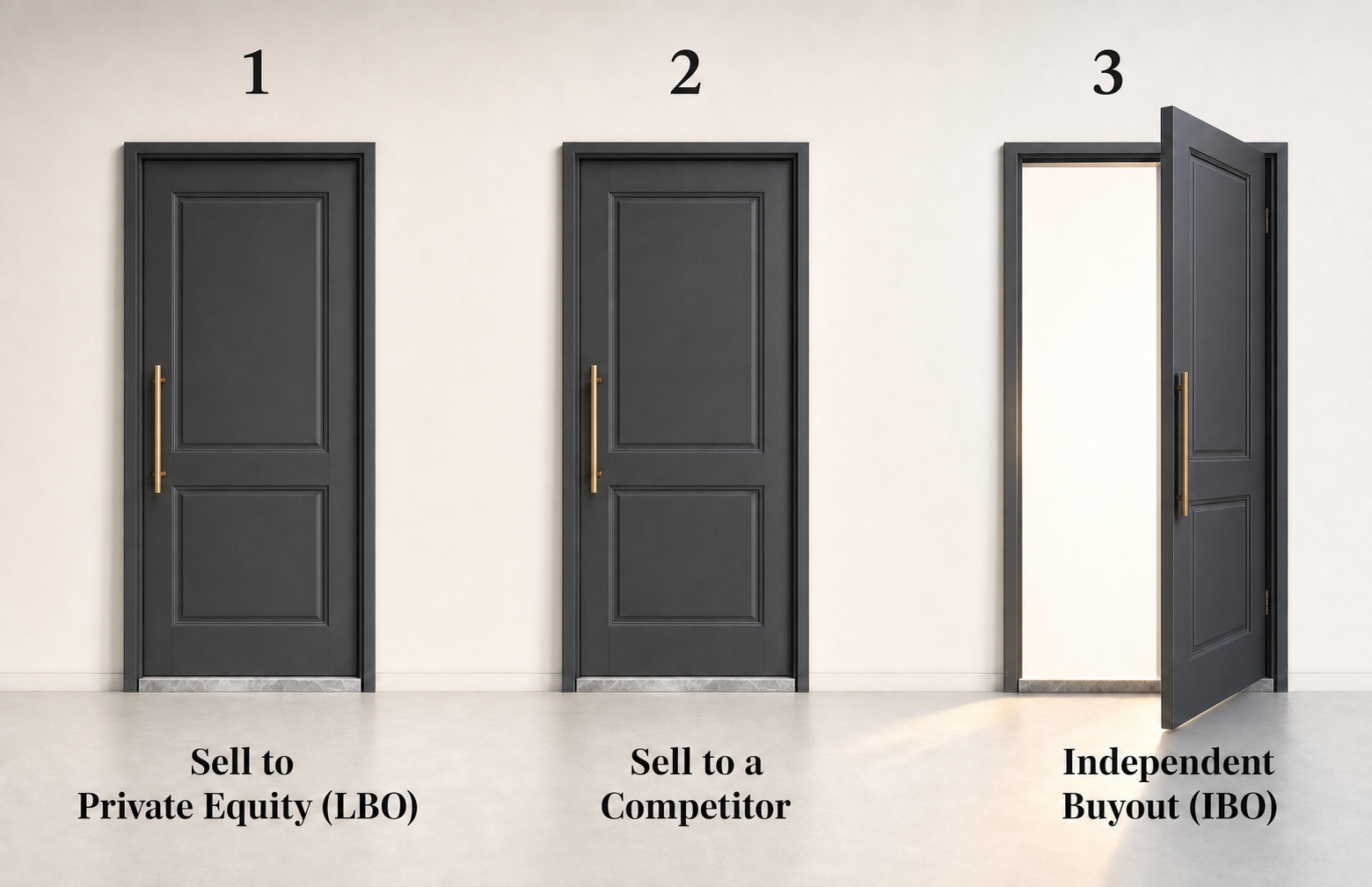 Three doors representing the choice between selling to Private Equity, selling to a competitor, or an Independent Buyout